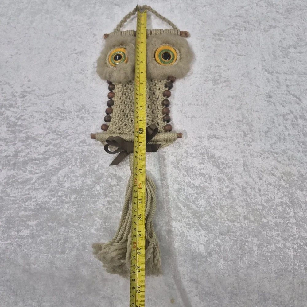 Vintage Macrame Owl Wall Hanging Boho Wood Bead‎ Tassel Decor Beige 17 Inch